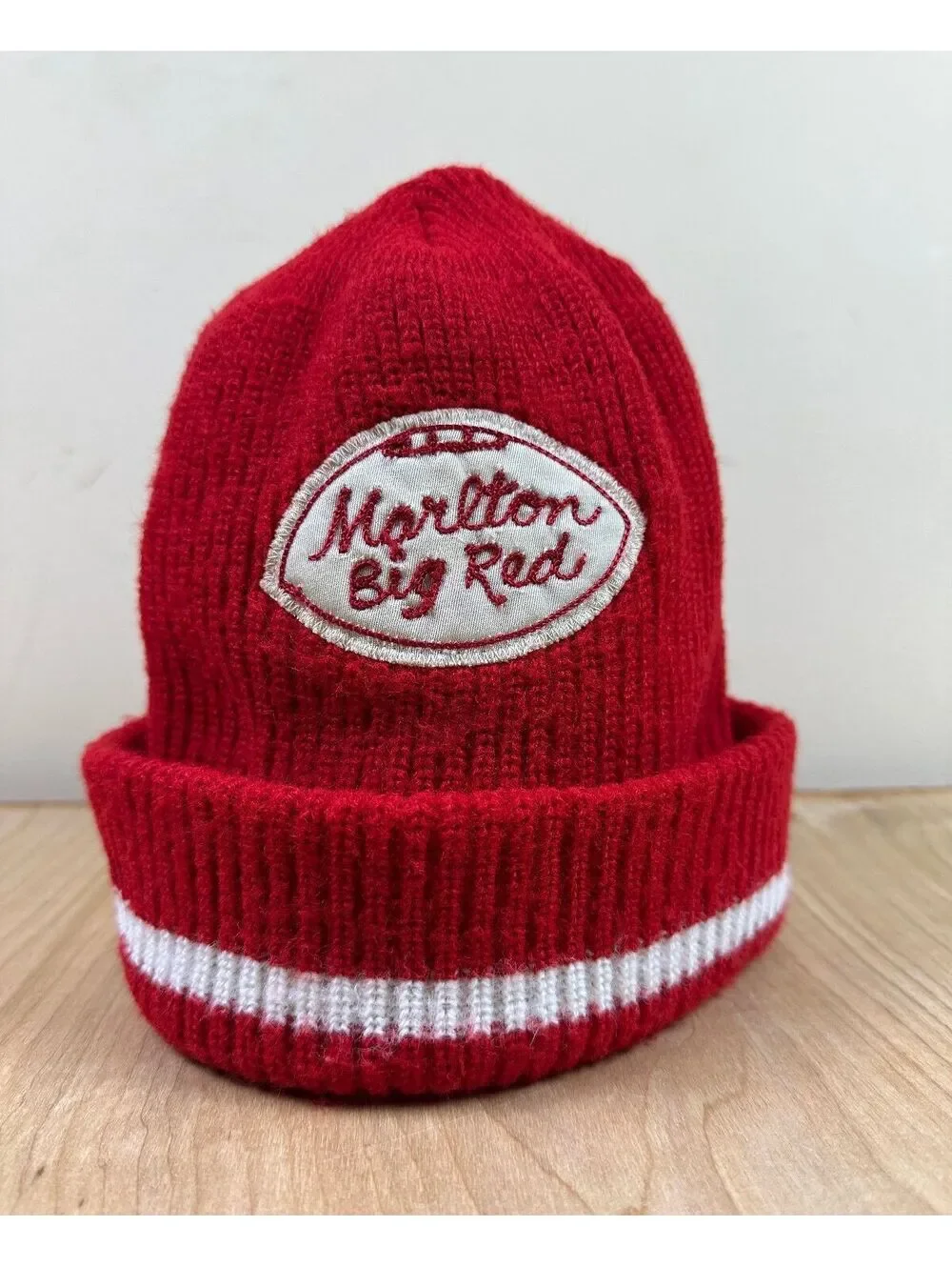 Vintage 70s Marlton Big Red Beanie Chain Stitch football wool knit hat stripe